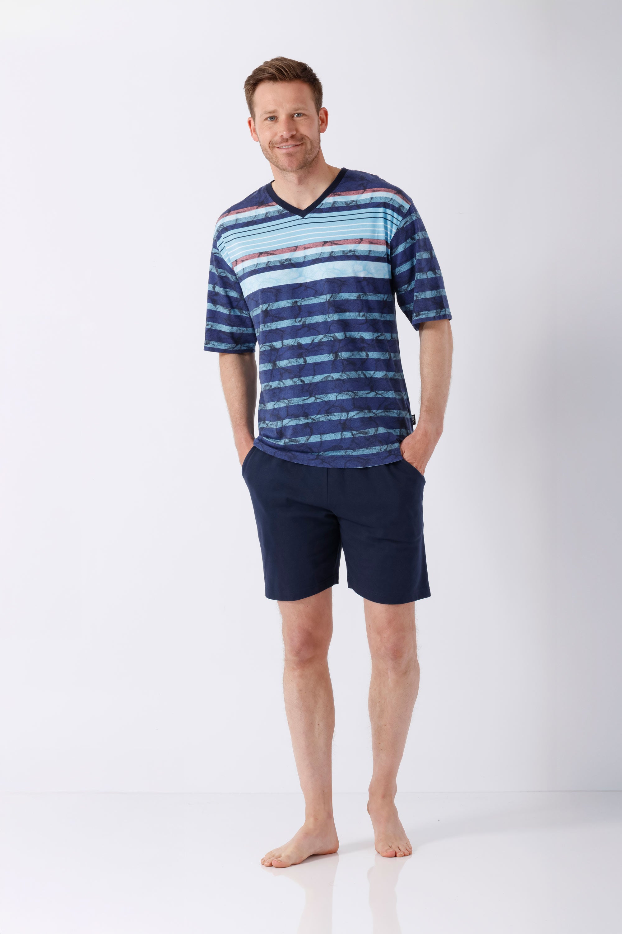 Herren navyblaues und hellblaues gestreiftes Kurzarm-Pyjama-Top V-Ausschnitt Klima-Light®