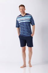 Herren navyblaues und hellblaues gestreiftes Kurzarm-Pyjama-Top V-Ausschnitt Klima-Light®