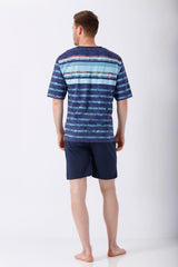 Herren navyblaues und hellblaues gestreiftes Kurzarm-Pyjama-Oberteil Klima-Light mit Marmorstruktur