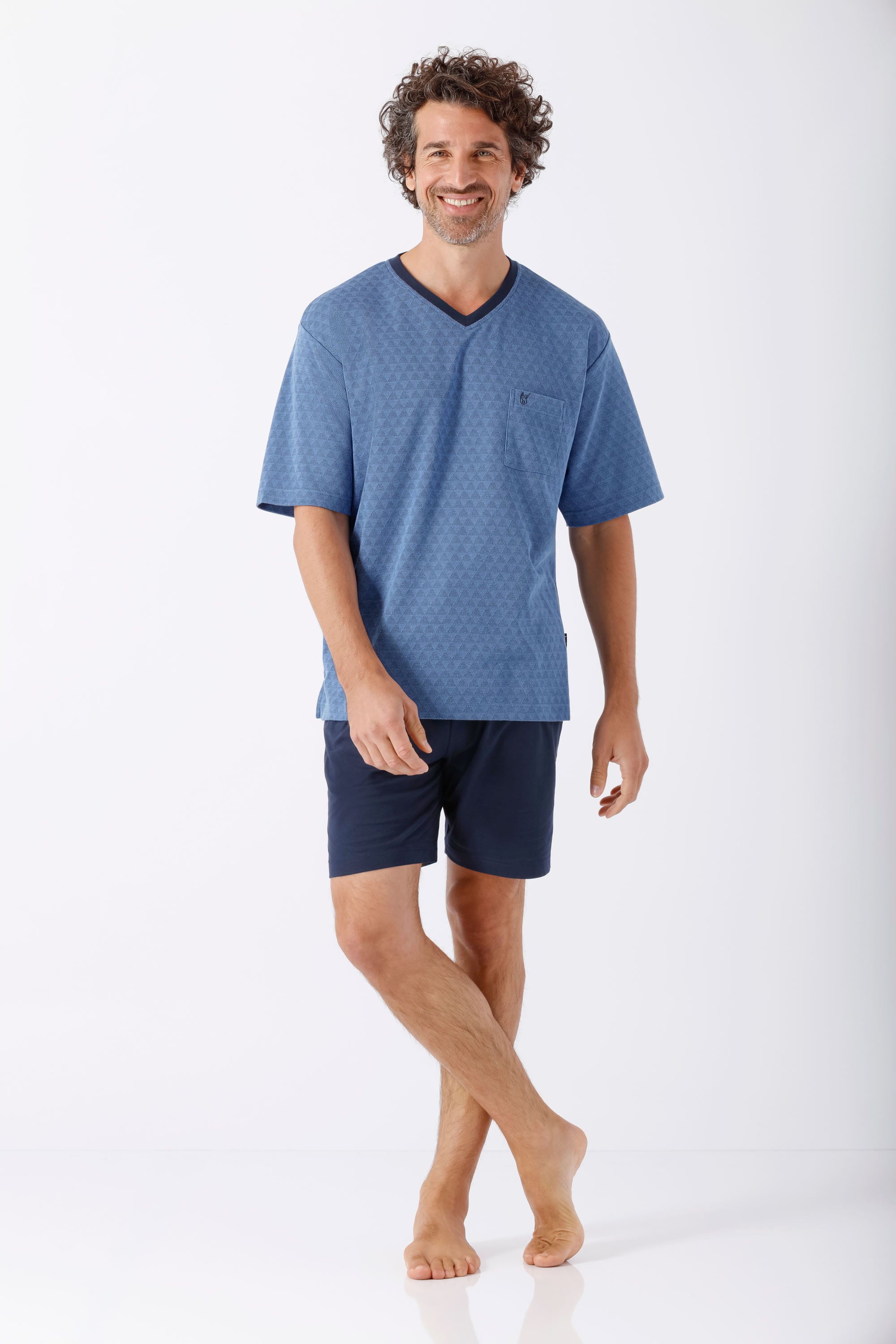 Herren Schlafanzug Shorty Klima-Light blau kurzarm V-Neck mit Brusttasche