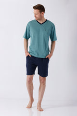 Herren Schlafanzug Shorty Klima-Light Teal V-Ausschnitt Top