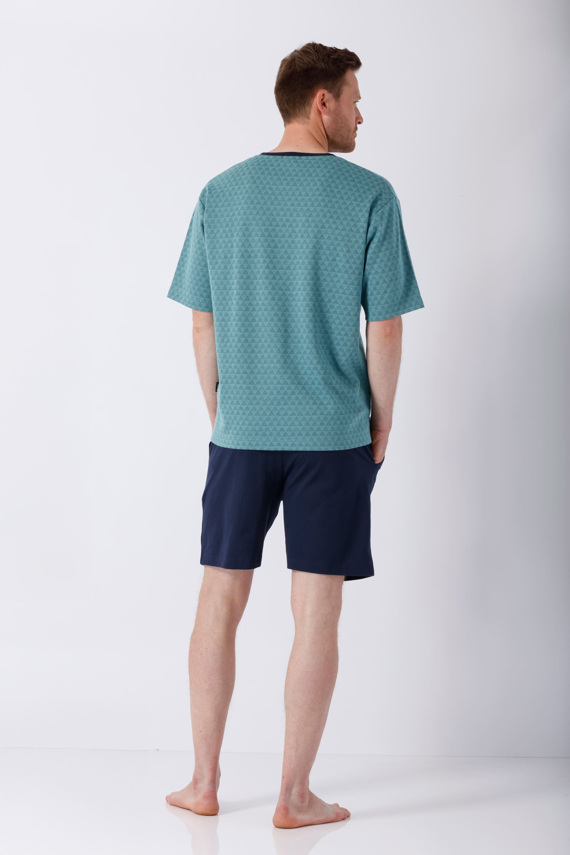 Herren Klima-Light Shorty Schlafanzug in Türkis mit Muster, Rückseite
