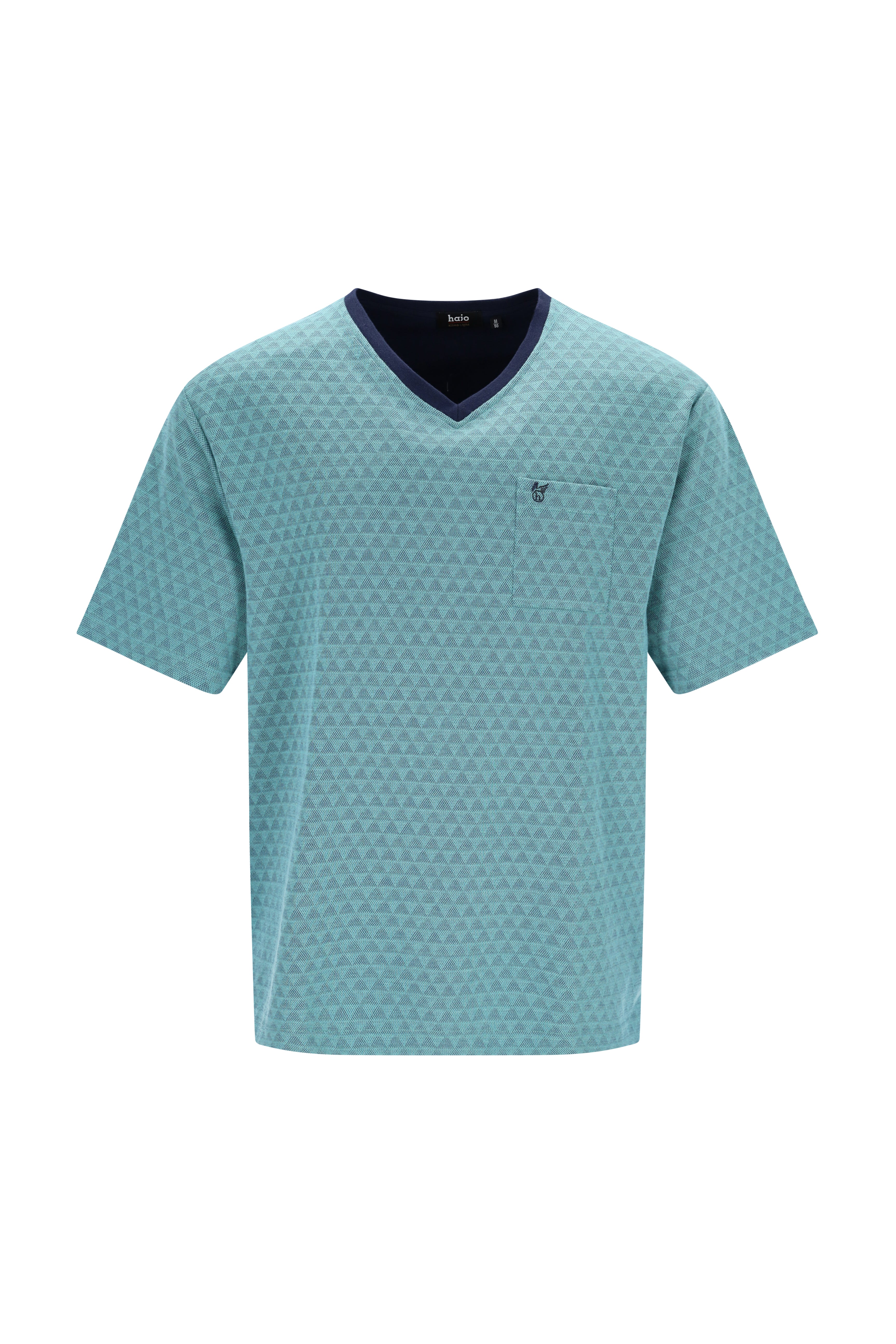Hellblaues V-Neck Kurzarm T-Shirt mit Dreieckmuster und Marine-Saum für Herren Schlafanzug Shorty Klima-Light®