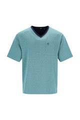 Hellblaues V-Neck Kurzarm T-Shirt mit Dreieckmuster und Marine-Saum für Herren Schlafanzug Shorty Klima-Light®