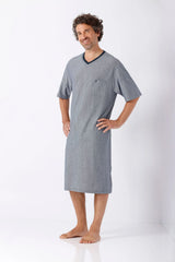 Herren Nachthemd Premium Cotton TENCEL Modal grau meliert V-Ausschnitt Tasche