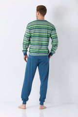 Herren Schlafanzug mit Bündchen klima komfort das original langärmliges gestreiftes Oberteil in grün und blau mit einfarbigen teal hosen