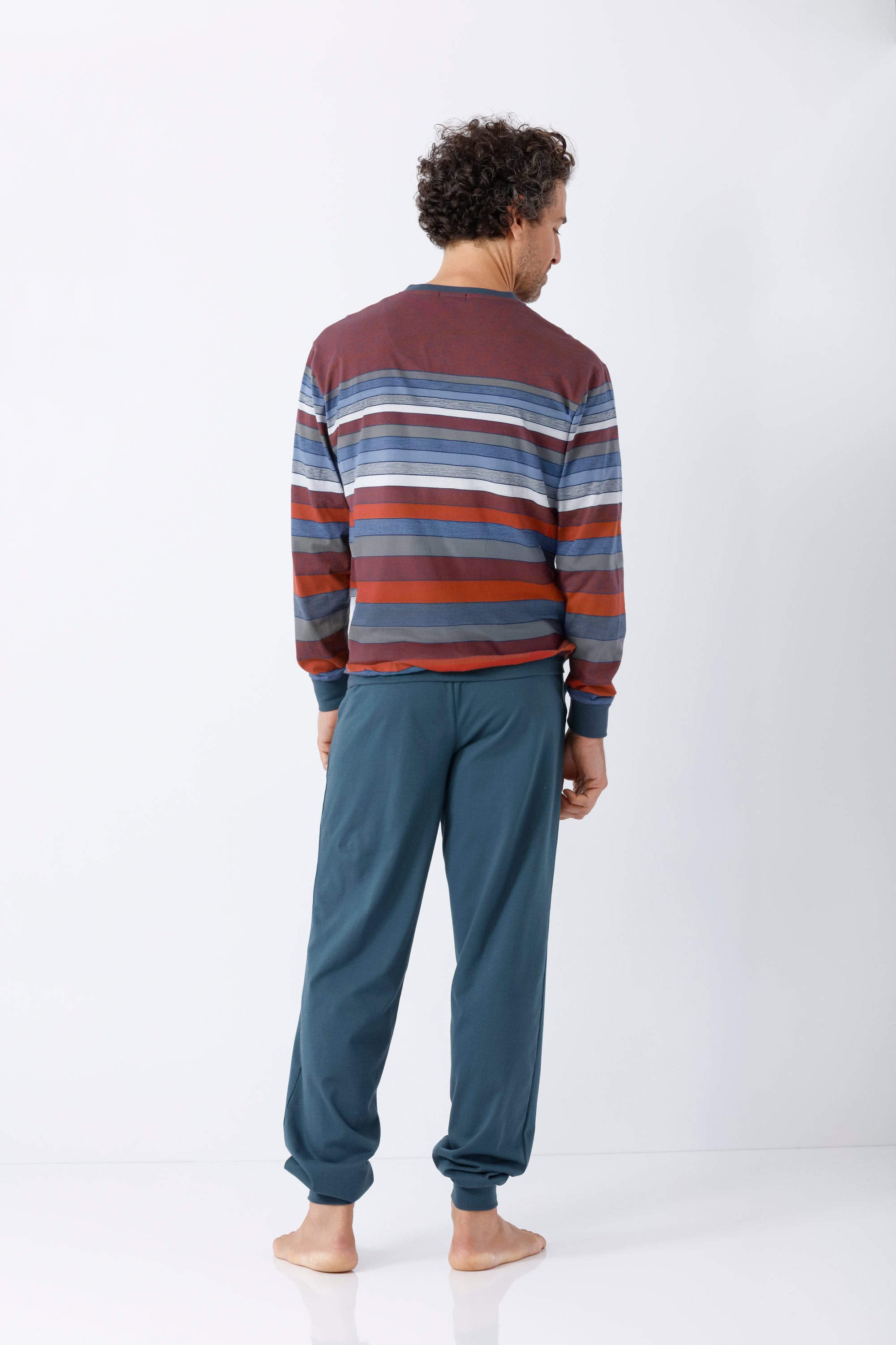 Herren schlafanzug mit bündchen premium cotton in gestreiftem langarmshirt und teal jogger hosen