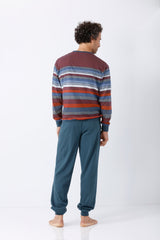 Herren schlafanzug mit bündchen premium cotton in gestreiftem langarmshirt und teal jogger hosen