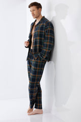Mann schlafanzug pyjama premium cotton flanell navy blaue und braune karo button-up hemd und passende hose