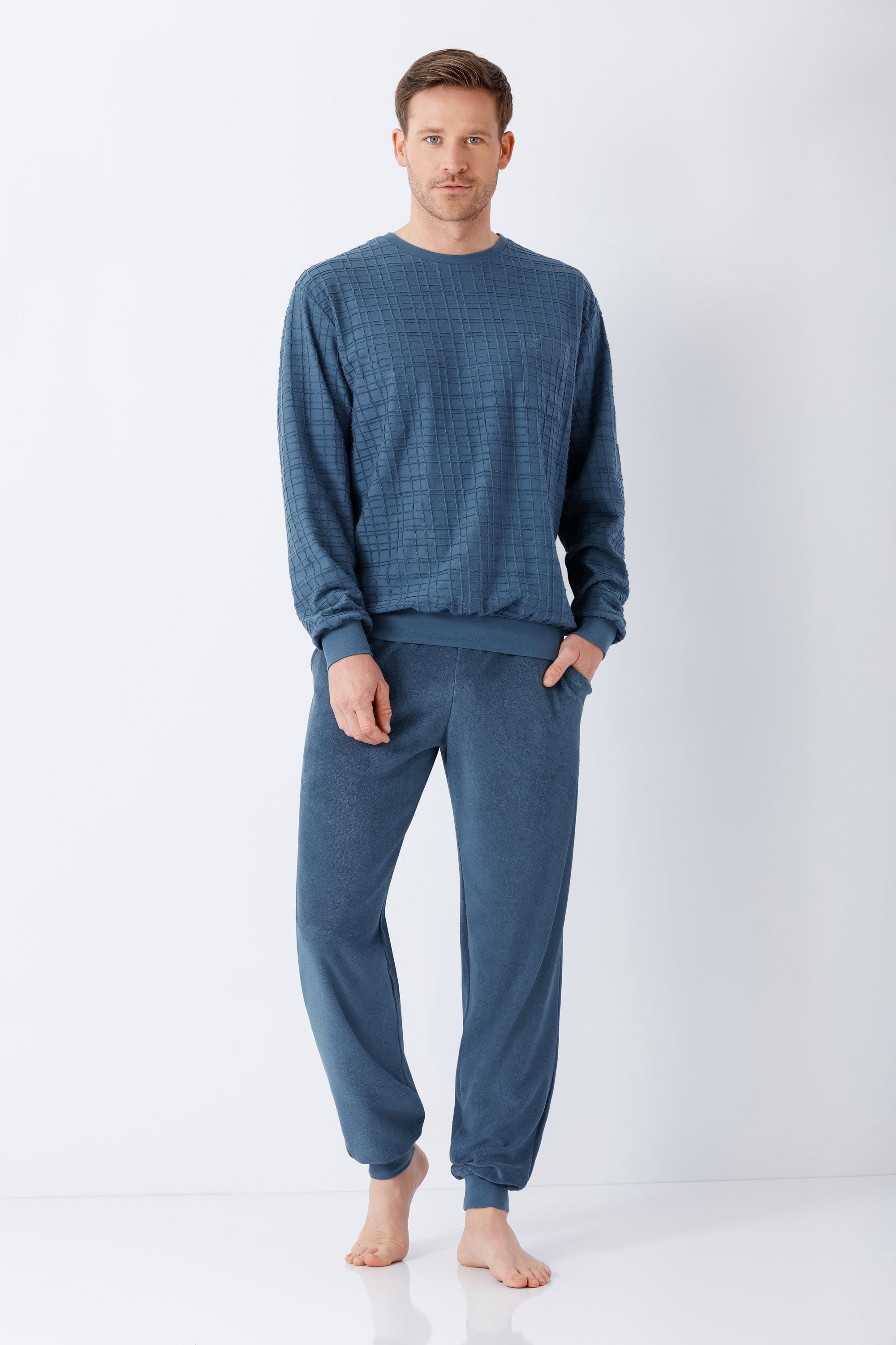 Herren schlafanzug mit bündchen frottee navyblau mit strukturierter rasteroptik und elastischen bündchen