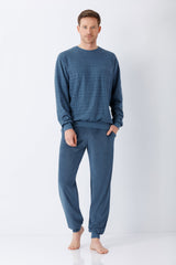 Herren schlafanzug mit bündchen frottee navyblau mit strukturierter rasteroptik und elastischen bündchen