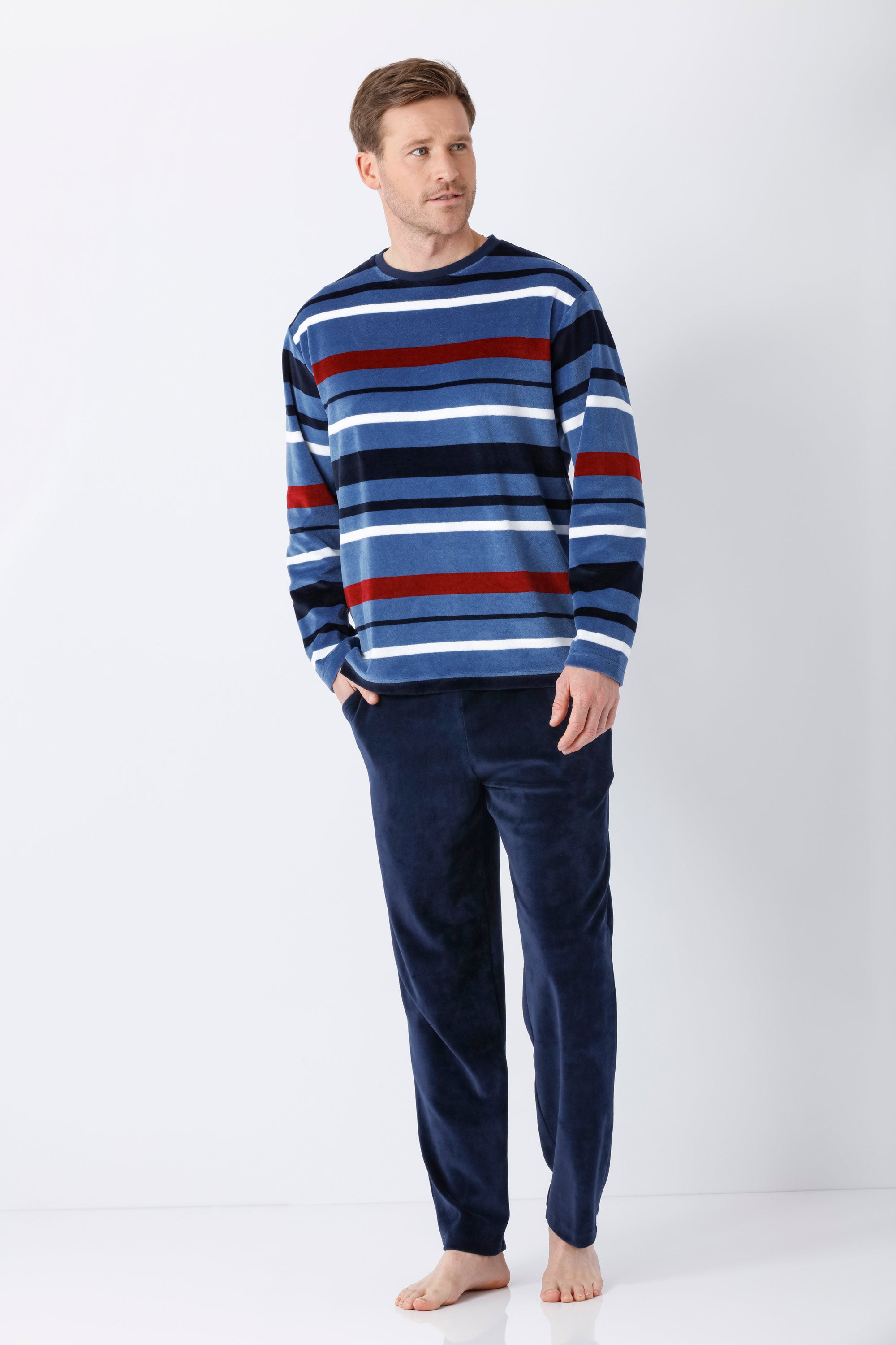 Herren schlafanzug nicki navyblaue samt-pyjama-hose mit weichem samtstoff und lockerem schnitt