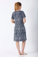 Damen La Vie en Rose Kleid: marineblaues Blattmuster Kurzarmkleid