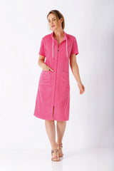 La vie en rose Frottee-Kleid für Damen, pink, kurzarm, Kapuze, Reißverschluss, Taschen