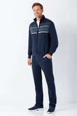 Navyblauer zip-up herren freizeit-anzug mit weißen horizontalstreifen auf der brust premium komfort