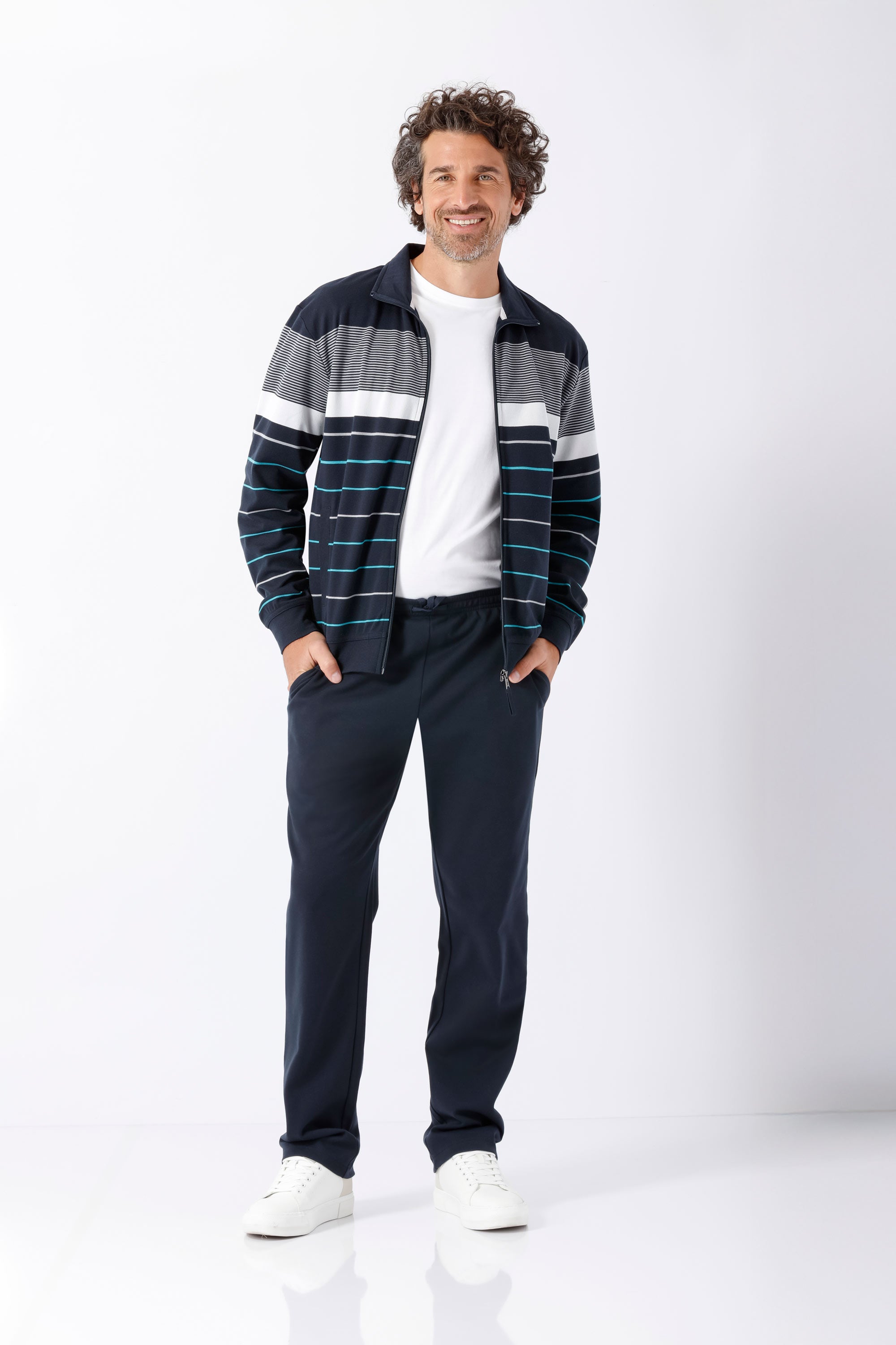 Herren Freizeitanzug Klima Komfort Original: marine-grauer gestreifter Zip-Jacket