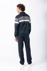 Herren Freizeitanzug Klima Komfort Original: marineblaues Poloshirt mit weißen Streifen