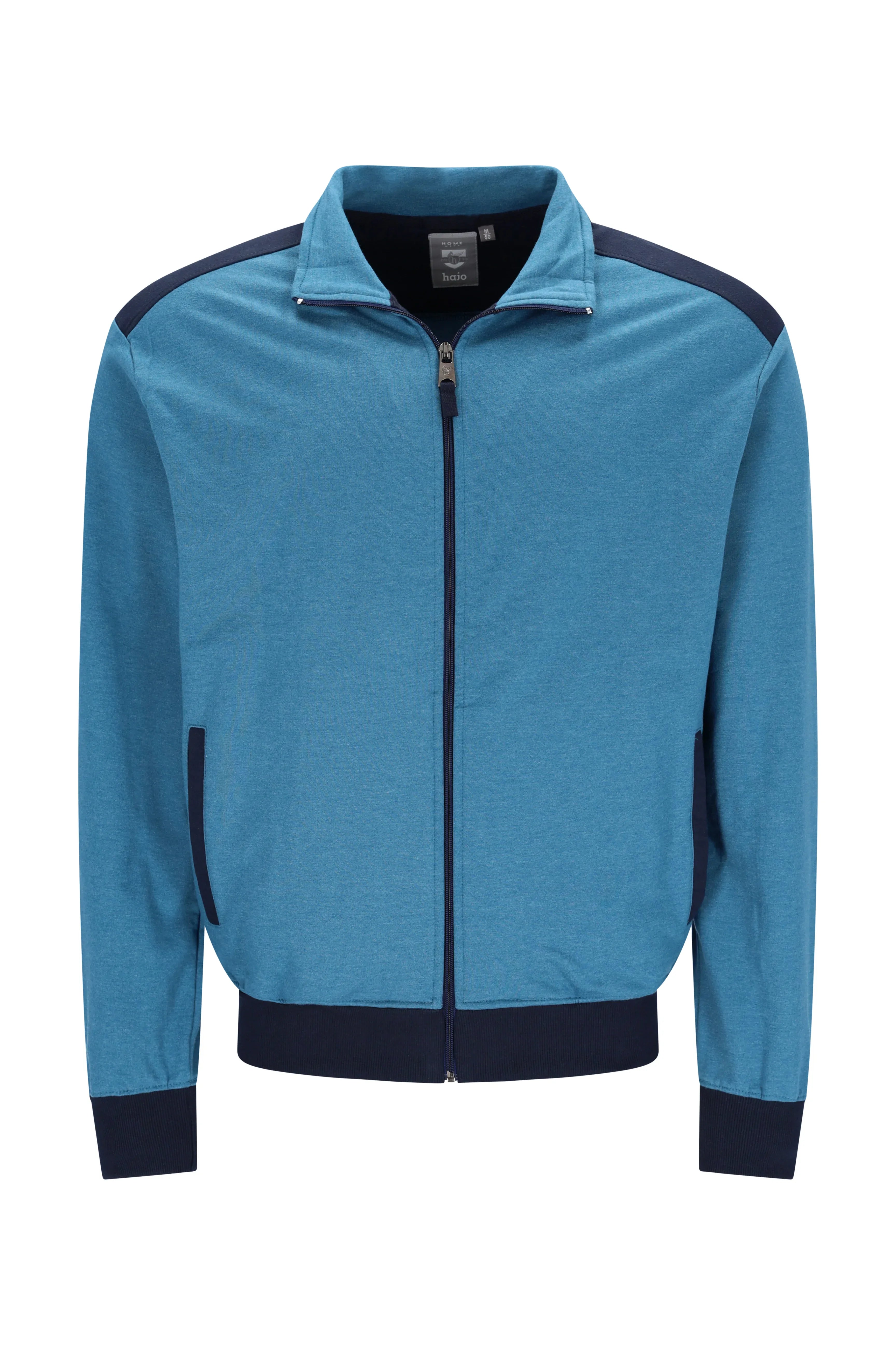 Herren Freizeitanzug: Blaue und marine Trackjacke mit Kontrastschultern, Rippbündchen