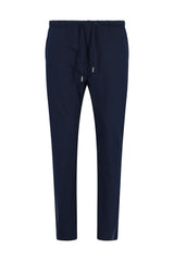 Marineblaue tapered Joggerhose mit Kordelbund und weißen Aglets, Herren Freizeitanzug