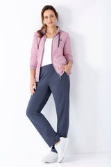 Damen freizeit-anzug klima komfort® bouclé mit rosa zip-up hoodie aus weichem material und grauen kontrastkordeln