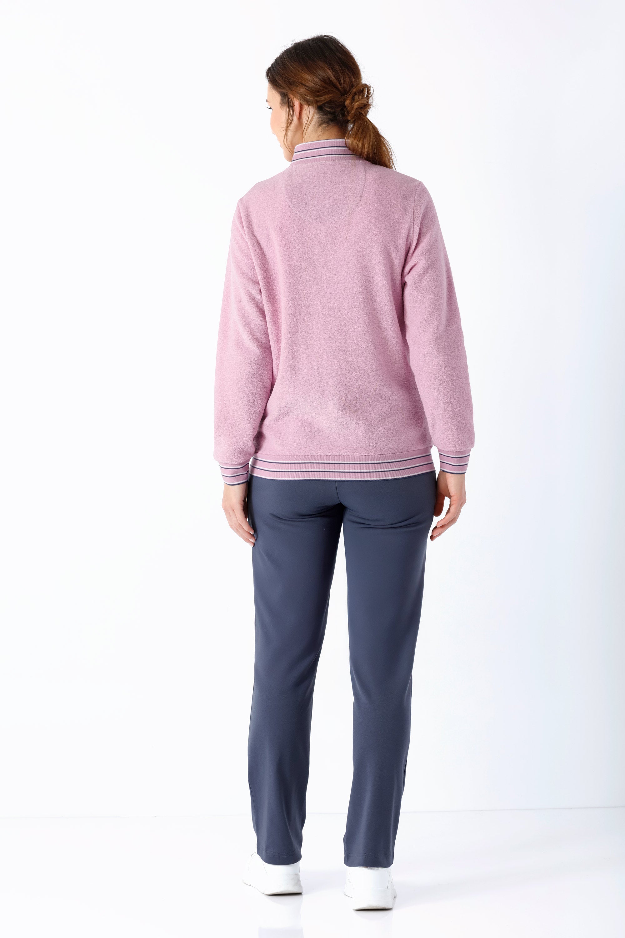 Damen freizeit-anzug klima komfort bouclé rosa langärmeliges pullover mit geripptem kragen und bündchen