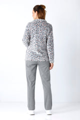Grauer langärmeliger damen teddy fleece freizeitanzug mit leopardenmuster aus teddy fleece material