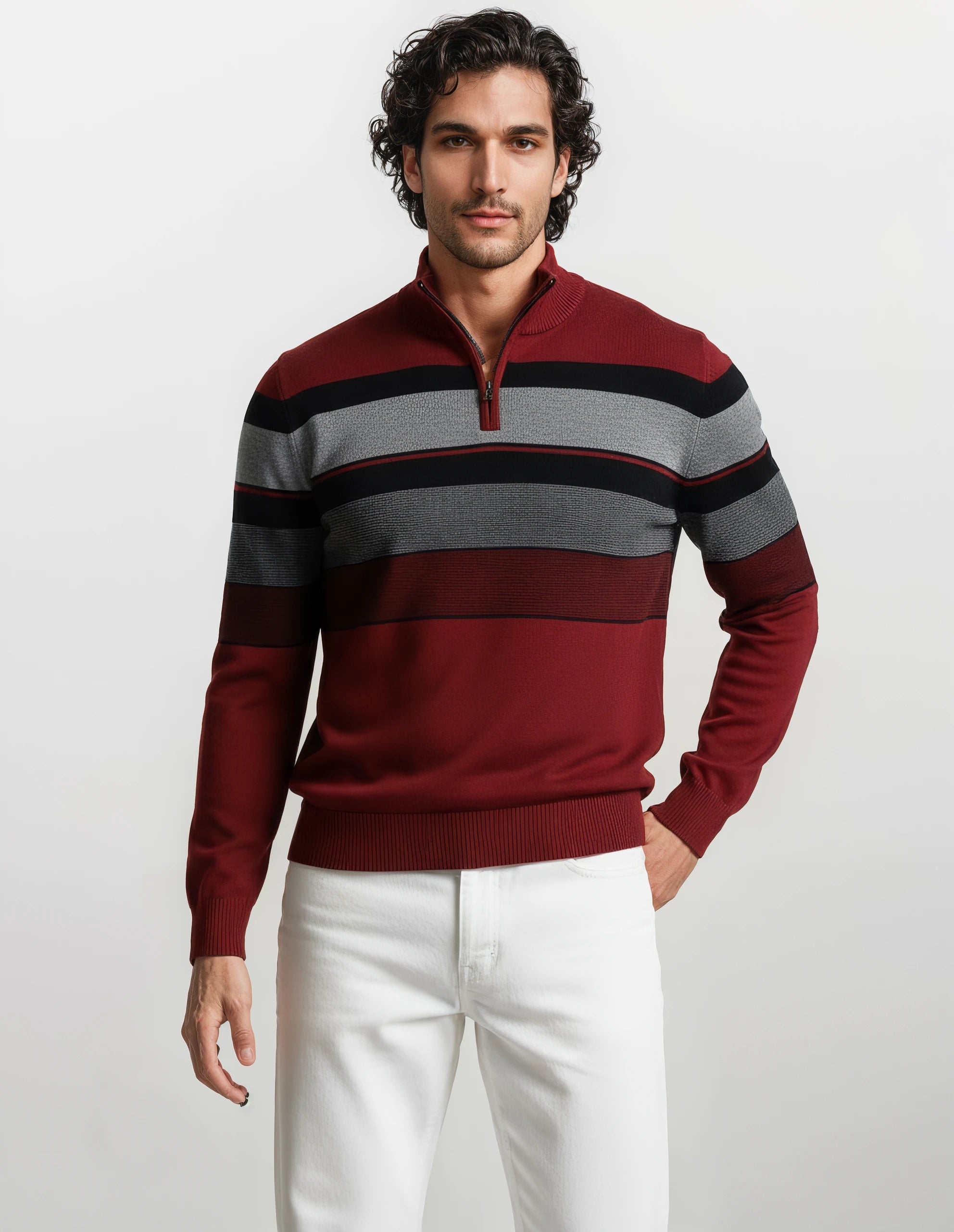Männlicher burgunder- und grauer gestreifter Pullover mit Half-Zip-Design.