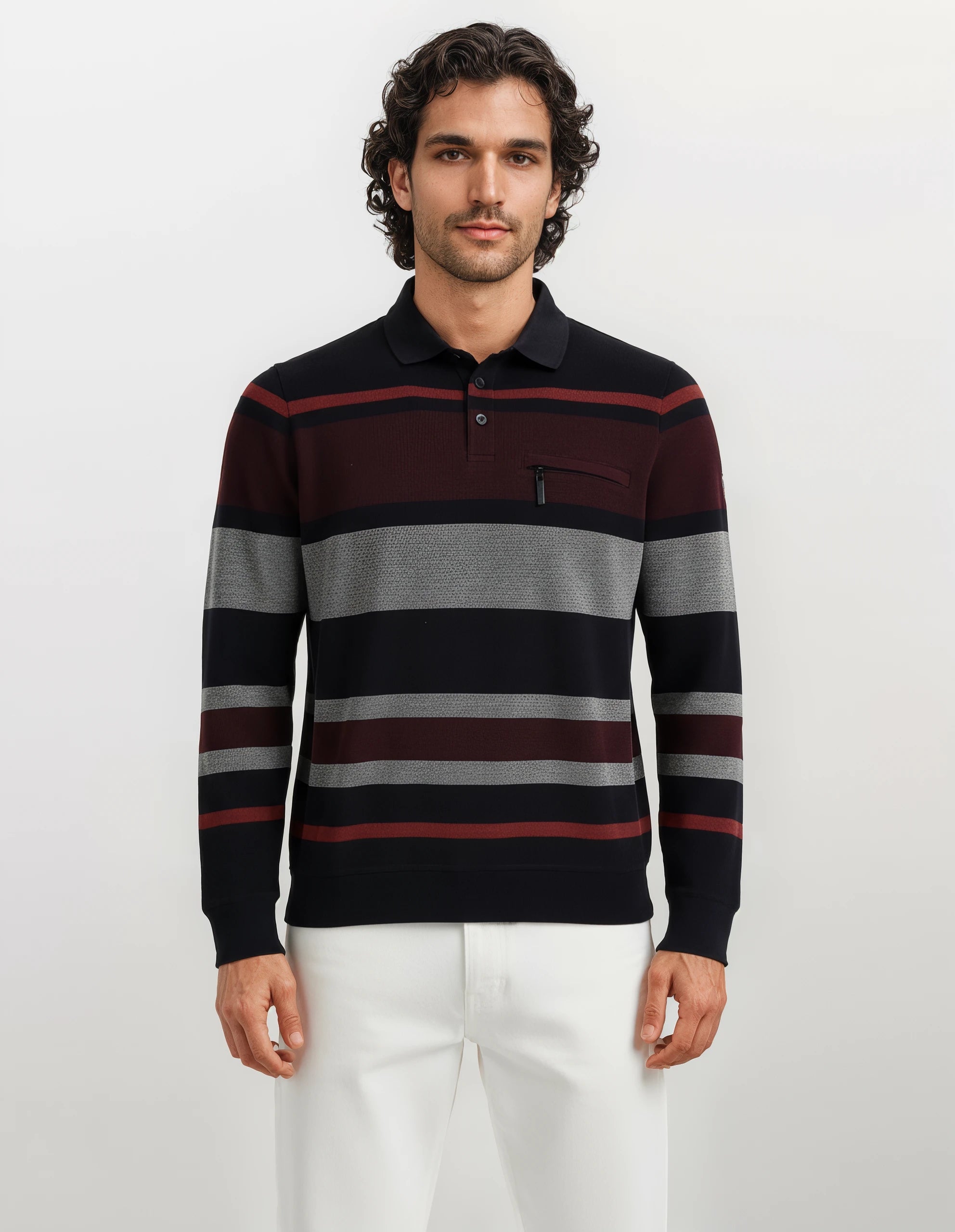 Gestreiftes Poloshirt mit schwarzen, roten und grauen Streifen, aus Baumwolle.