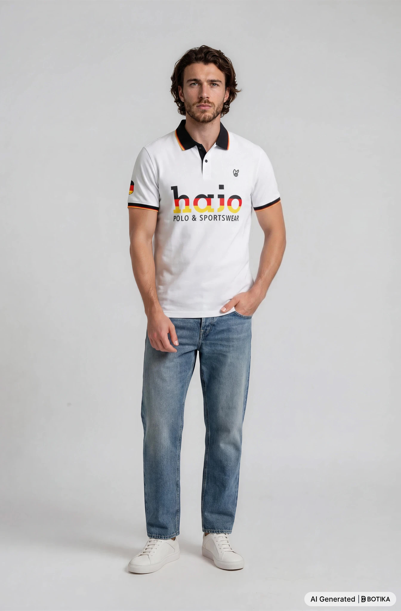 Weißer hajo fanshirt polo mit schwarzem kragen und ärmelbesatz, buntem hao logo in rot gelb blau auf der brust
