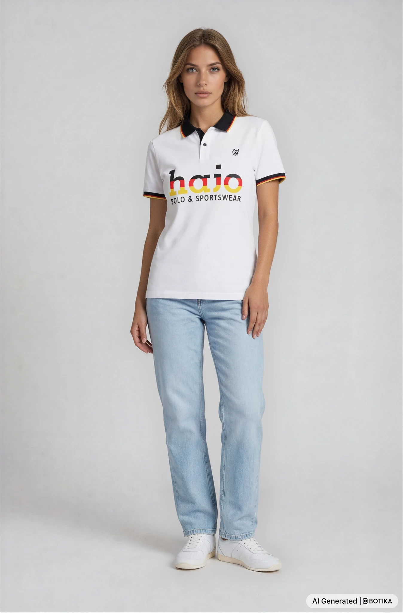 Weißes hajo fanshirt mit schwarzem kragen und ärmelbündchen, buntem hao logo in regenbogenfarben auf der brust