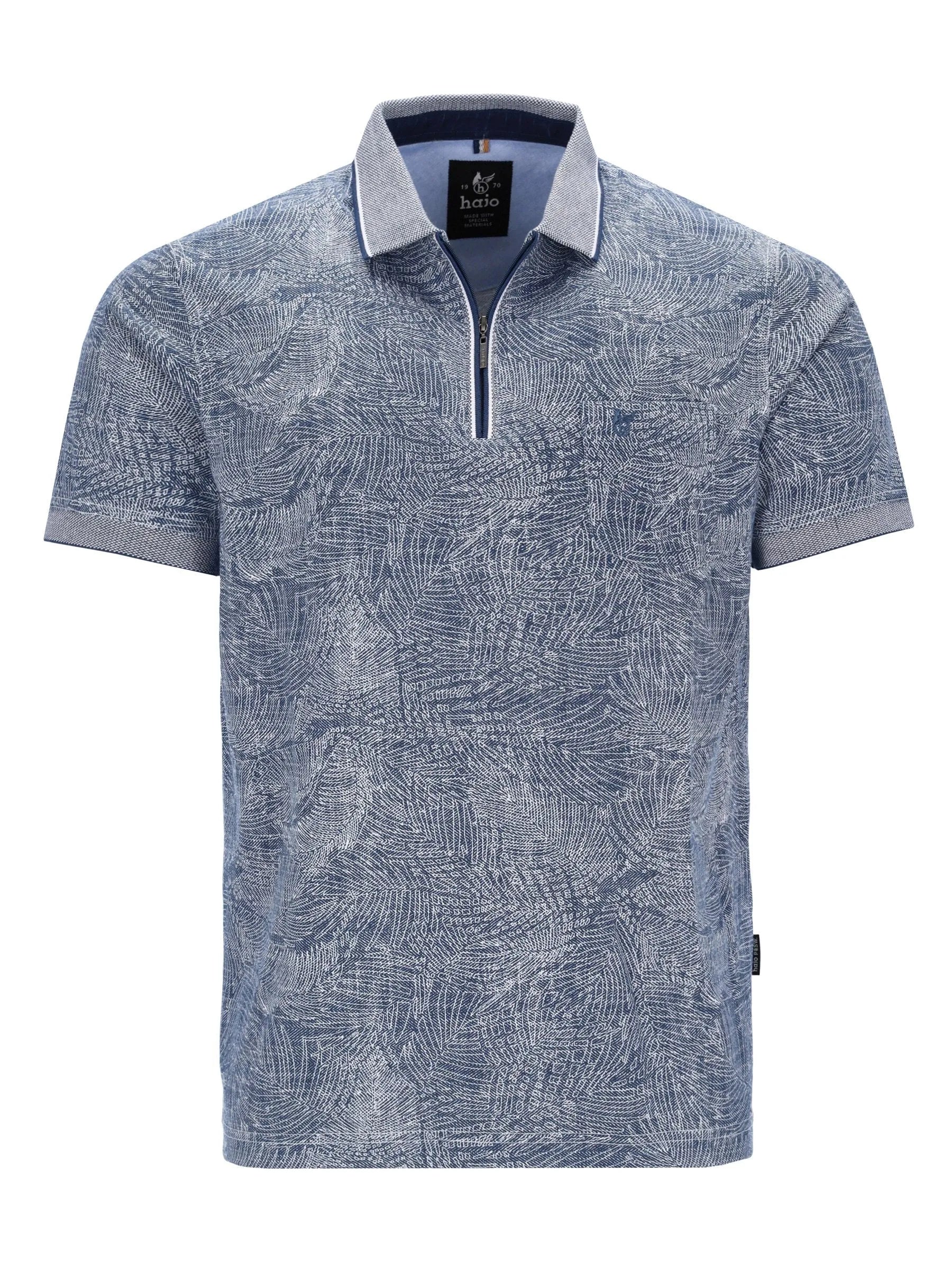 Allover bedruckte Poloshirt Leinenoptik blau-weiß mit Blattmuster, Navy-Kragen