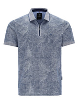 Allover bedruckte Poloshirt Leinenoptik blau-weiß mit Blattmuster, Navy-Kragen