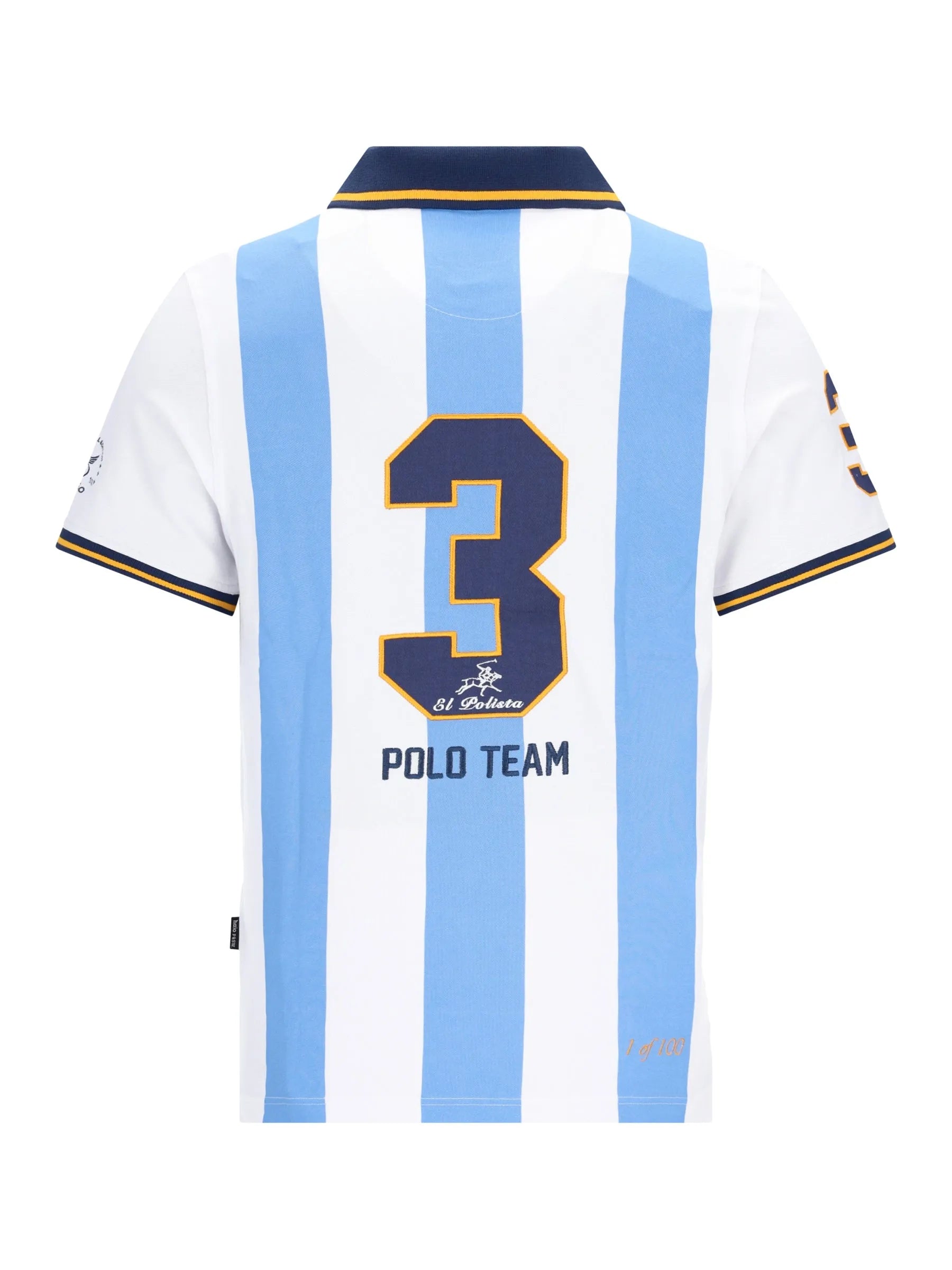 Hellblau und weiß gestreiftes Argentina Polo El Polista mit navy kragen, goldpaspeln und großer Nummer 3 auf der rückseite