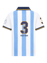 Argentina polopique el polista polo shirt back side with light blue white stripes navy collar cuffs and number 3 in gold outline