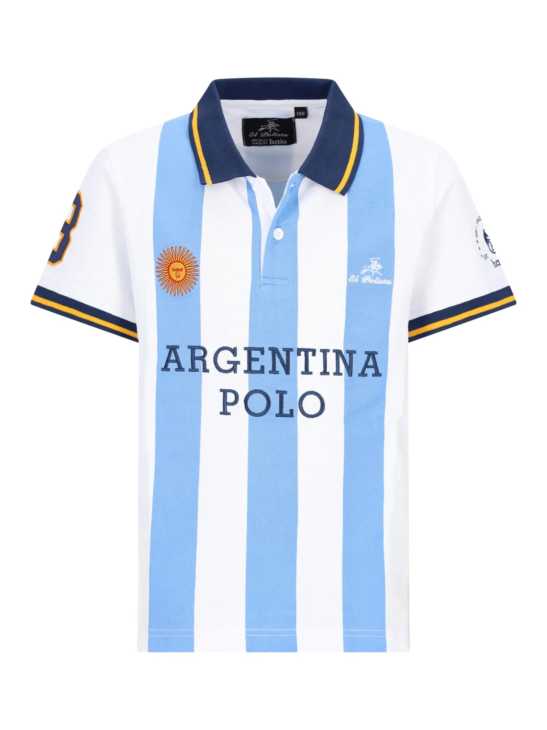 Hellblau weiß gestreiftes poloshirt argentina polopique el polista mit navy kragen argentinien sonnenemblem und text