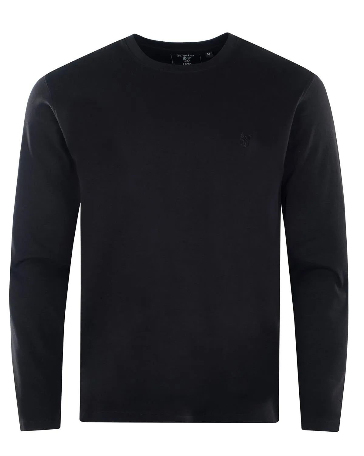 Schwarzer langärmeliger Pullover mit Rundhalsausschnitt und gerippten Bündchen und Saum, wahrscheinlich aus Baumwolle oder Polyestergemisch.