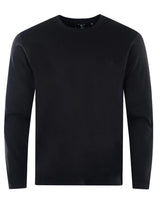 Schwarzer langärmeliger Pullover mit Rundhalsausschnitt und gerippten Bündchen und Saum, wahrscheinlich aus Baumwolle oder Polyestergemisch.