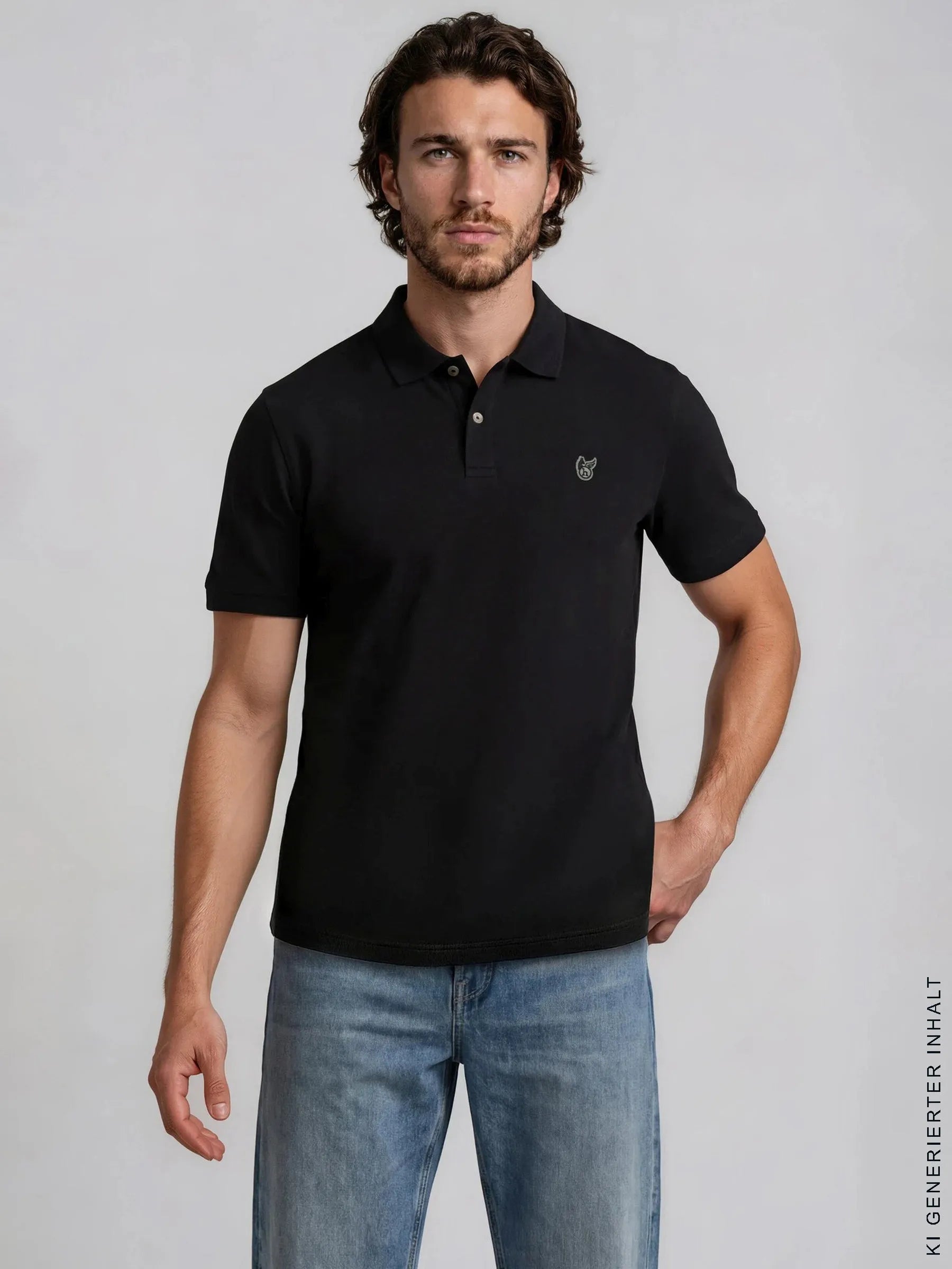 Schwarzes basic piqué-poloshirt mit flachstrickkragen knopfleiste und subtiler bruststickerei in fuchsdesign