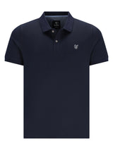 Dunkelmarineblaues basic piqué-poloshirt mit kurzem arm, dezentem logo auf der brust und markenetikett im kragen