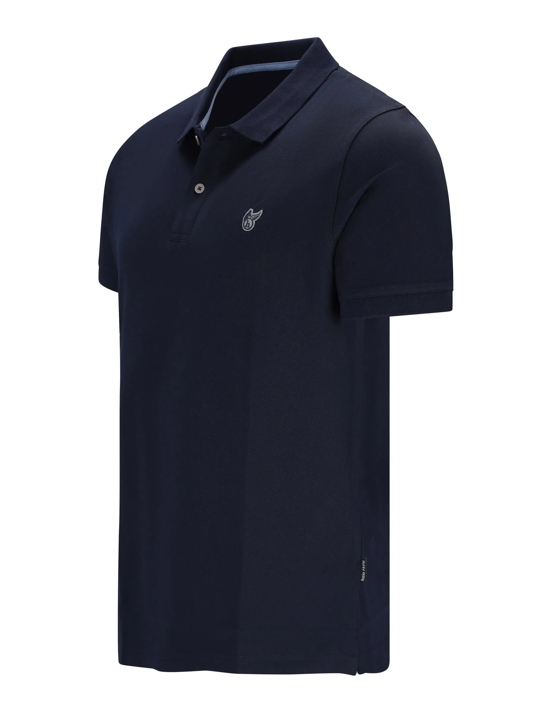 Basic piqué-poloshirt navyblau mit kurzärmeln, dezent besticktem logo und hellgrauem kontrastkragenfutter