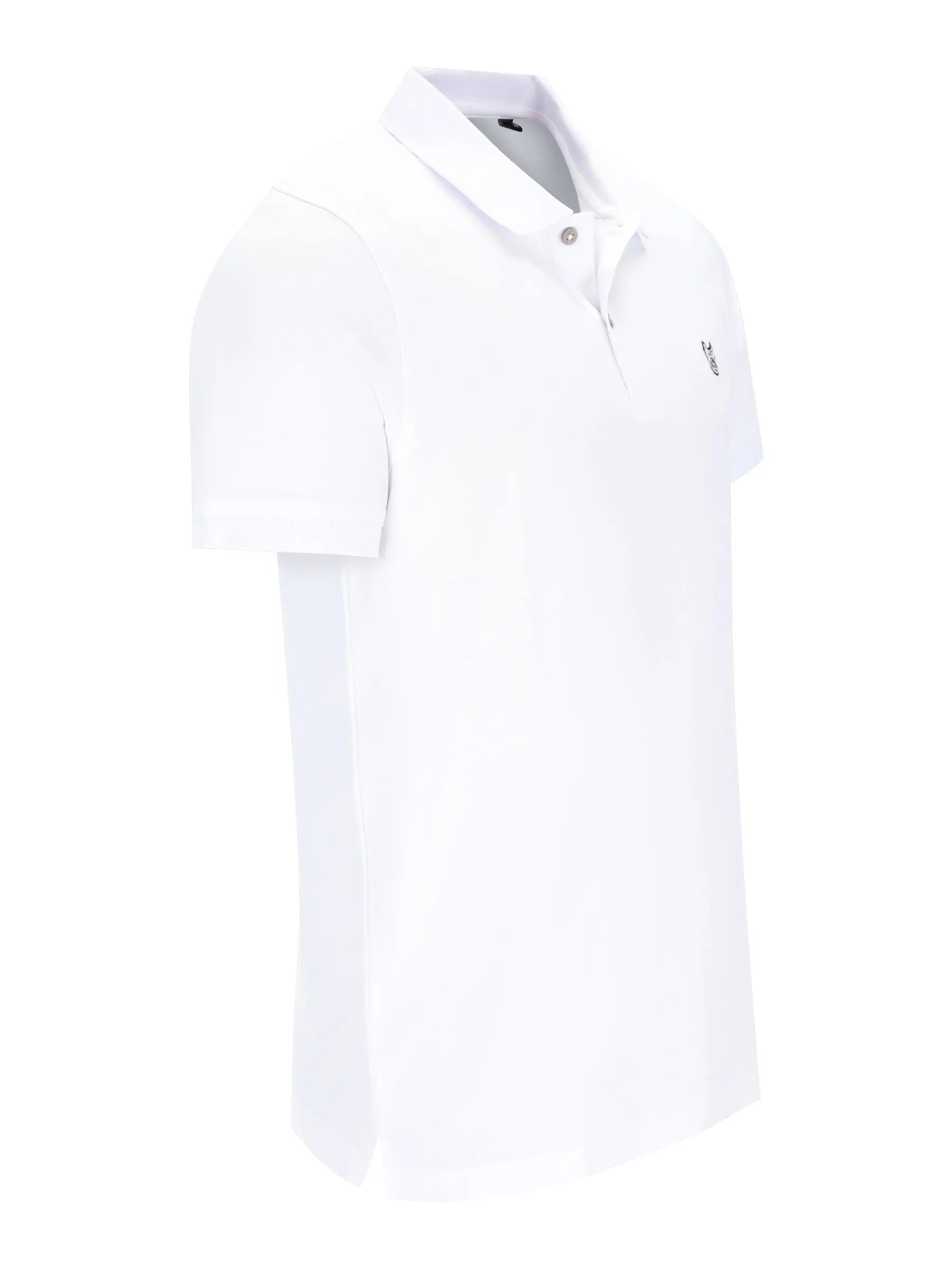 Weißes basic piqué-poloshirt mit kurzen ärmeln und dezentem sticklogo auf der brust