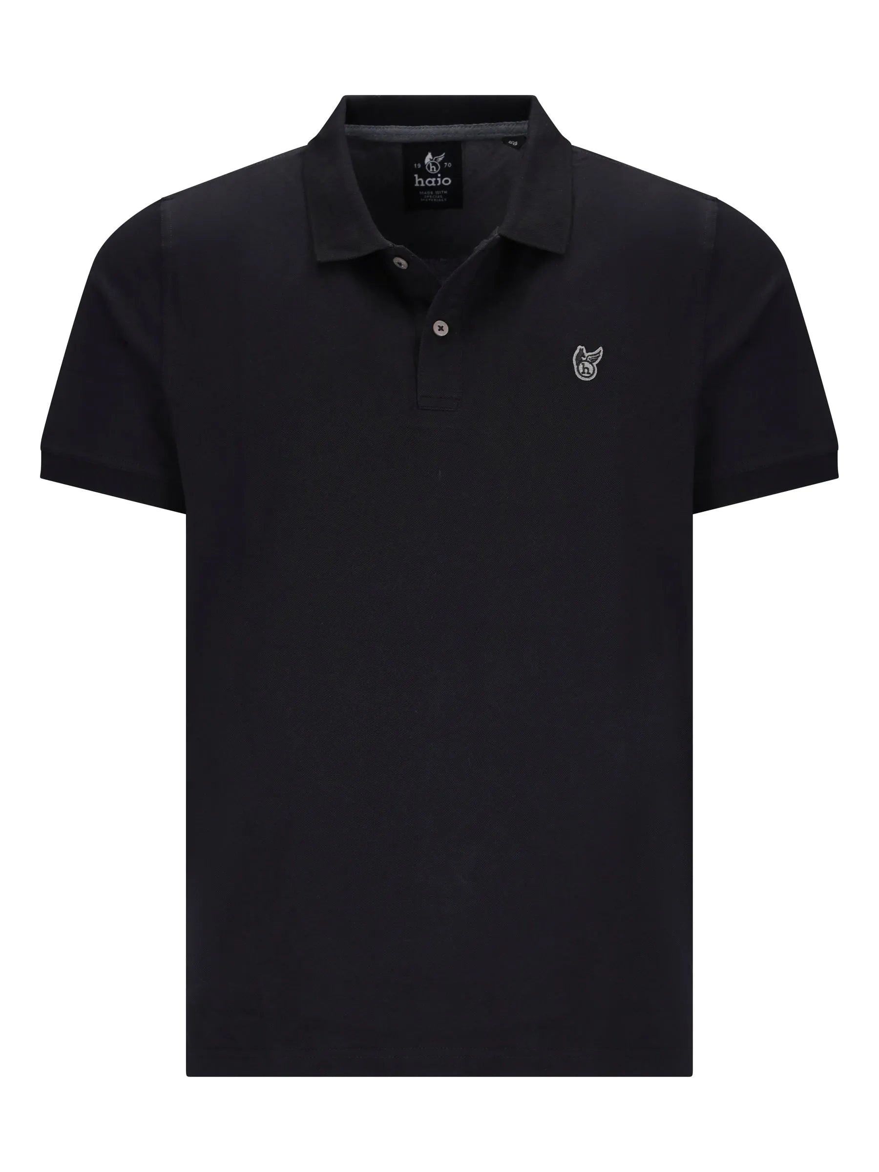 Schwarzes basic piqué-poloshirt aus hochwertigem material mit dezentem sticklogo auf der brust und knöpfen am kragen