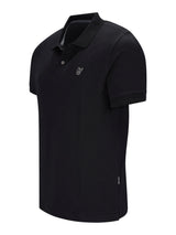 Basic piqué-poloshirt in schwarz mit kurzem arm, dezentem logo und kontrastierendem grauem innenkragen