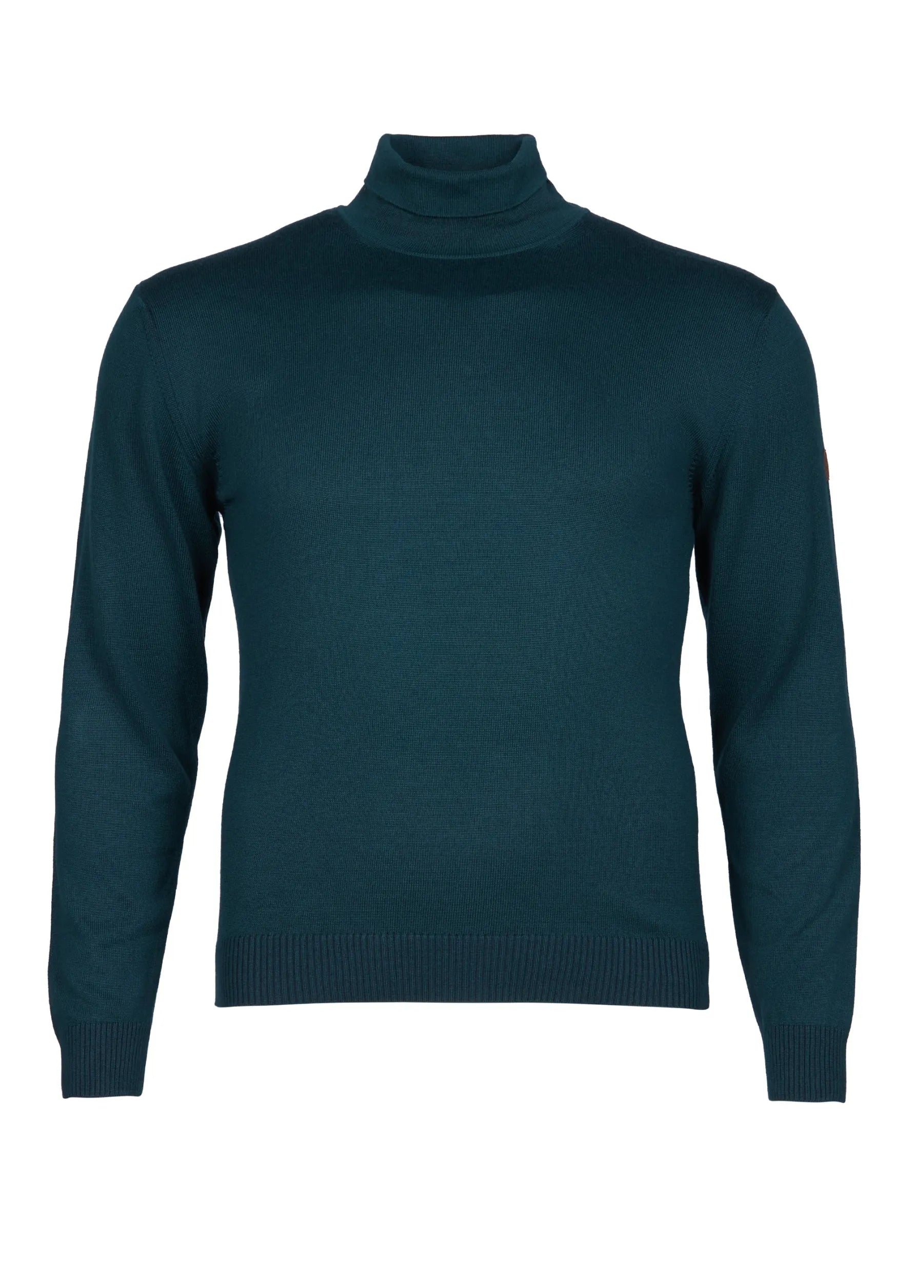 Dunkelgrüner Rollkragenpullover mit langen Ärmeln.