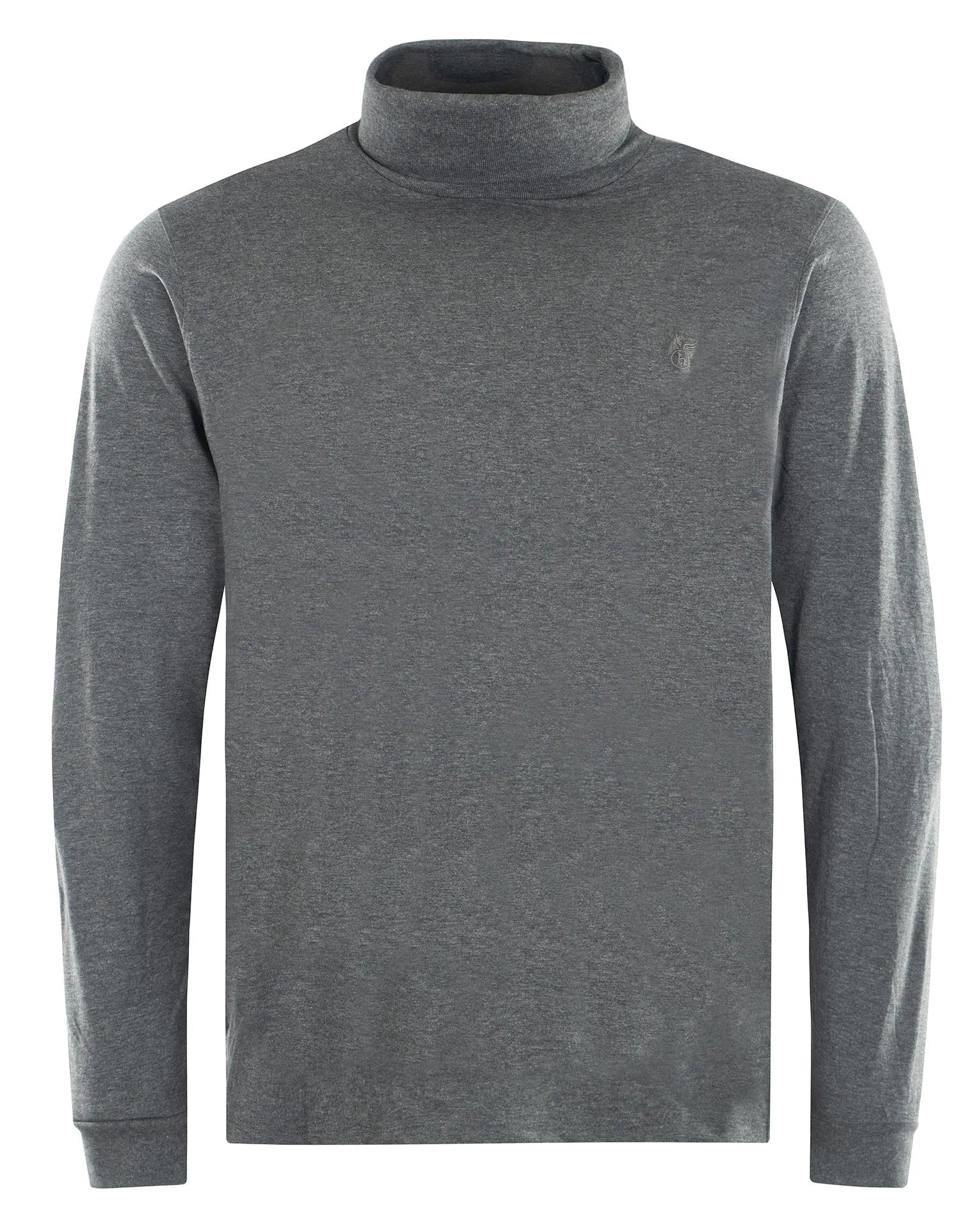 Grauer Rollkragenpullover mit langen Ärmeln.