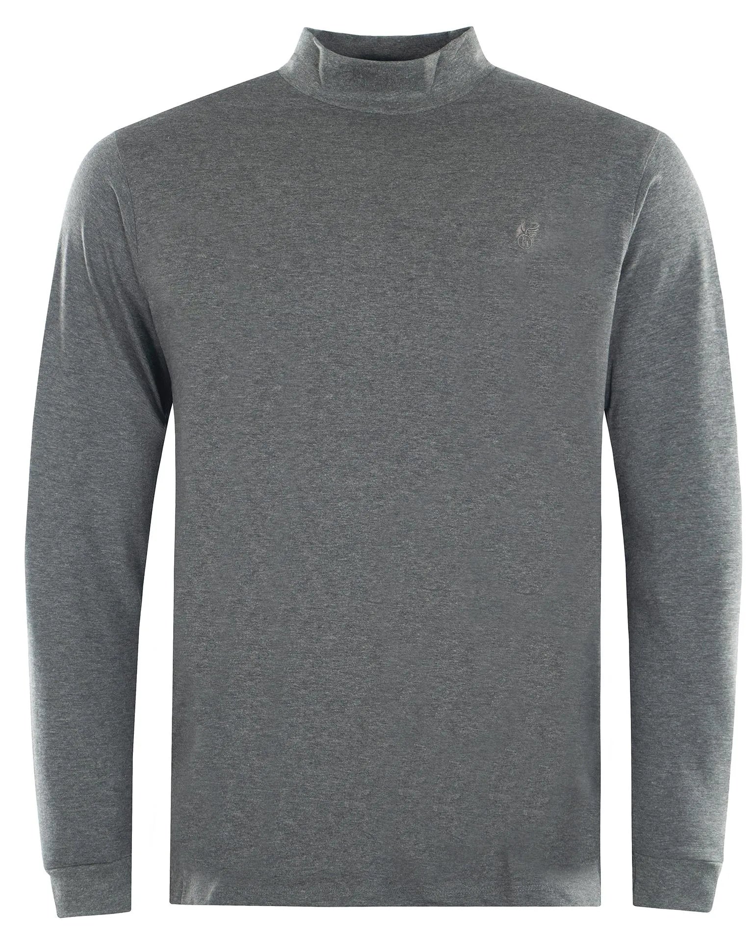 Graues langärmeliges Hemd mit Rollkragenpullover.