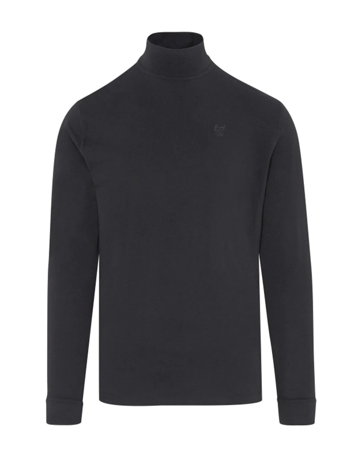 Schwarzer Rollkragenpullover mit langen Ärmeln.