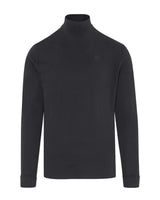 Schwarzer Rollkragenpullover mit langen Ärmeln.