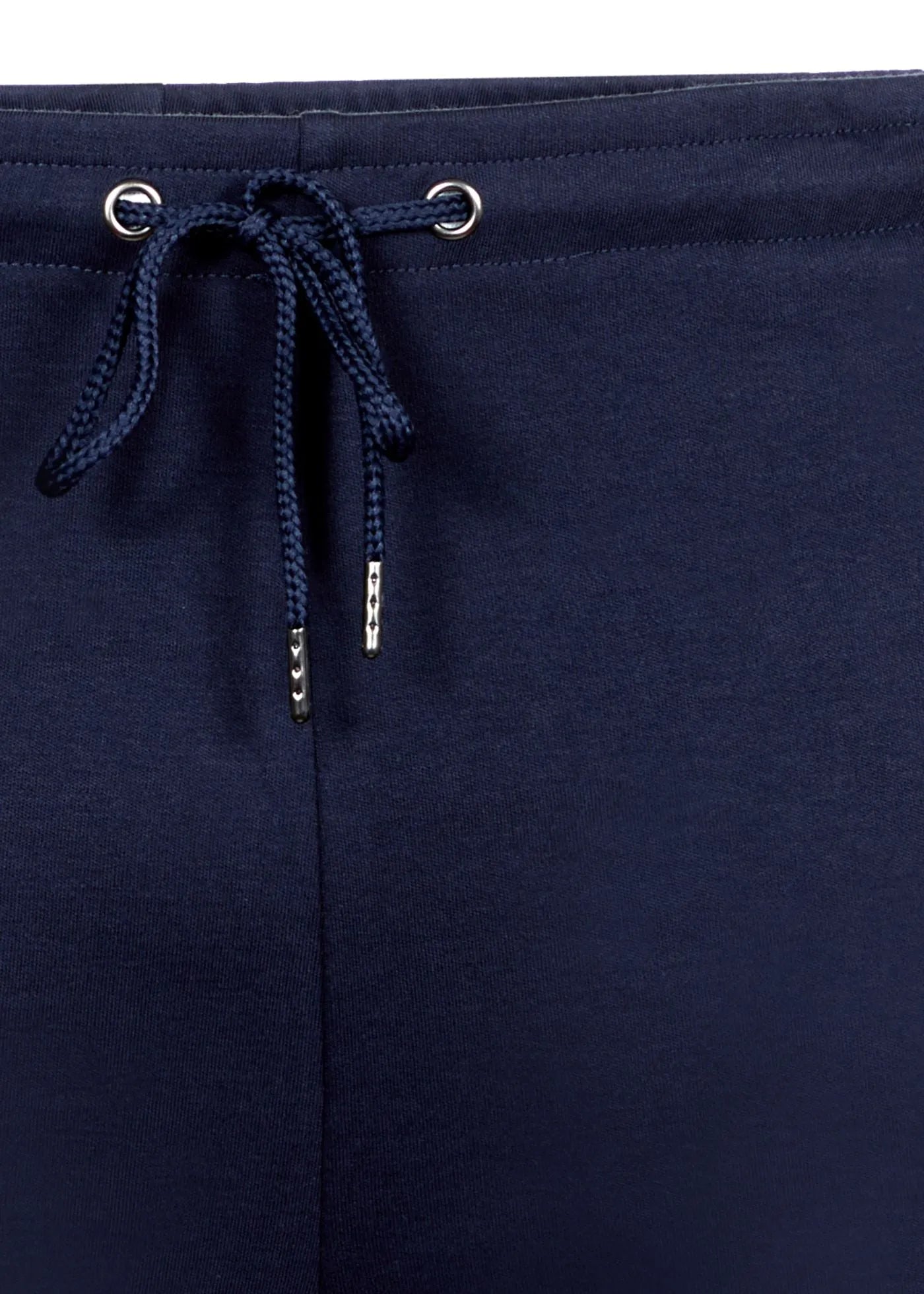 Marineblaue Badehose mit Kordelzug, weißen Nähten und silbernen Ösen.