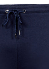 Marineblaue Badehose mit Kordelzug, weißen Nähten und silbernen Ösen.